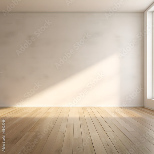 Minimal Well-Lit Interior with Textured White Wall  Window  and Wooden Flooring  Accent Light  Product Display  Presentation  Mockup