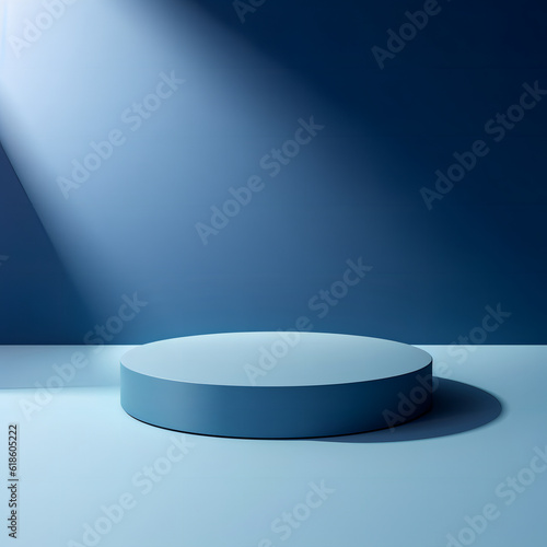 Simple Stage and Round Blue Podium Against a Background of Abstract Shadows, Product Presentation, mockup, display © Ken