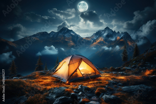 Glowing orange tent in the mountains under dramatic evening sky. Generative AI © NorLife
