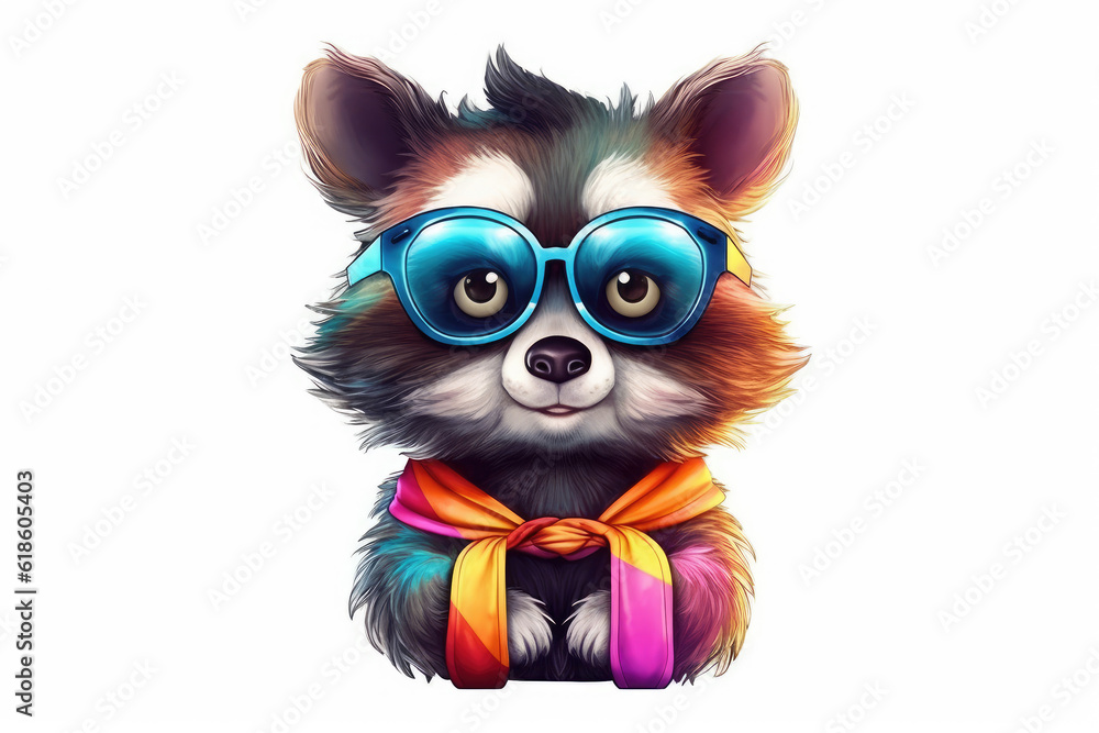 Colorful raccoon wearing glasses isolated on a white background