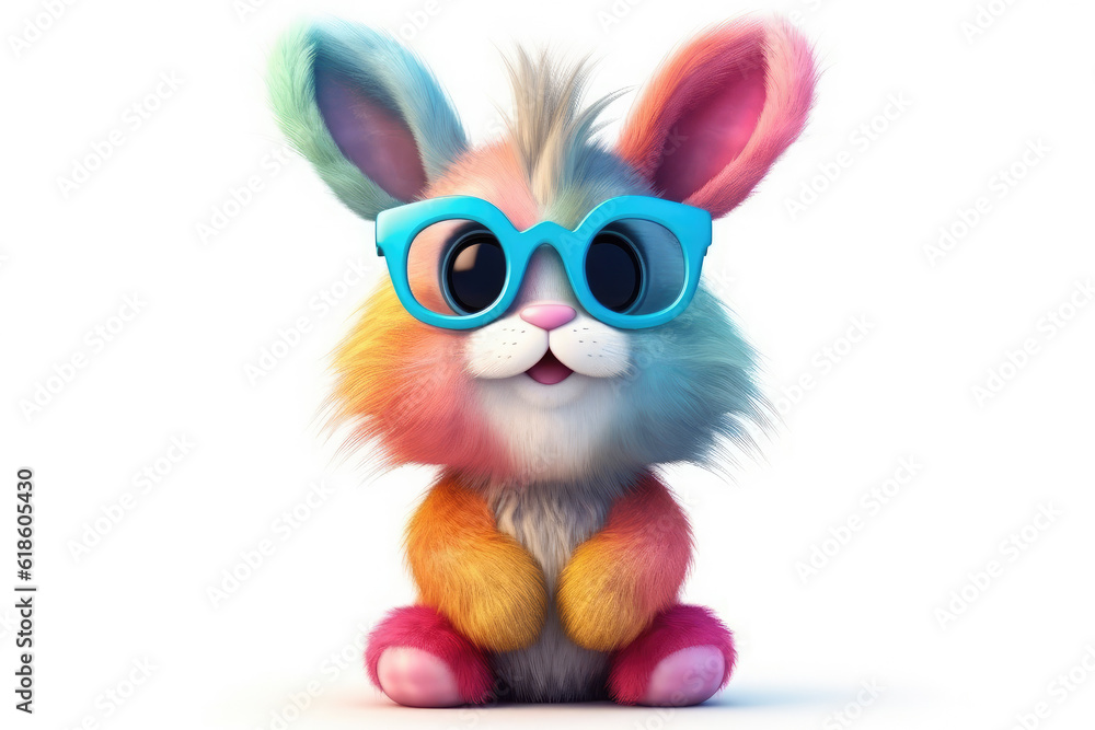 Colorful Bunny rabbit wearing glasses isolated on a white background