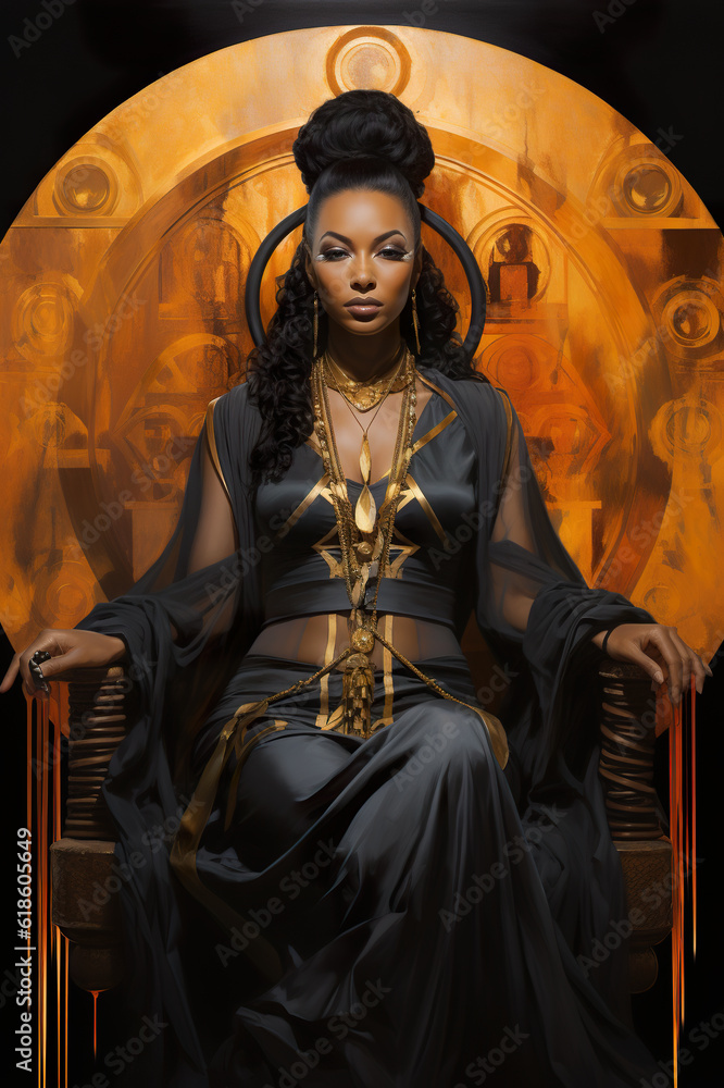 Naklejka premium A woman sitting in a chair wearing a black dress. Generative AI.