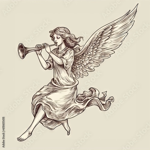 Christmas Angel flying and trumpet on pipe. Religious holiday. Hand drawn vector illustration in vintage "ai genarated "