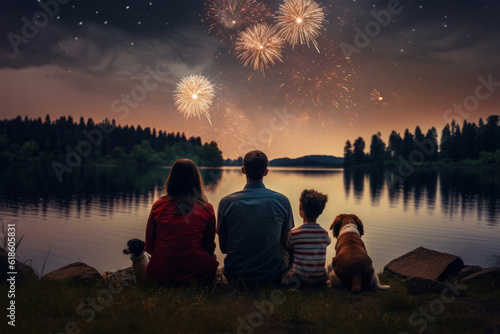 a family and their dogs watching fireworks over a lake on the 4th of July - Independence Day - American Holliday - New years