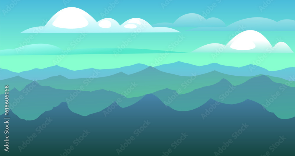 Beautiful mountains. Far horizon landscape. Sharp rock peaks and hills. Ridge and range. Cartoon fun style. Flat design. Vector