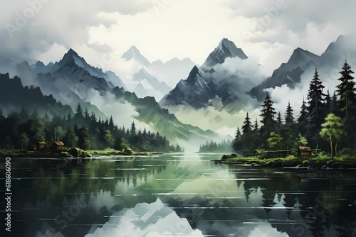 Artistic painting of lush green forest with mountains and lakes, Generative AI