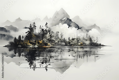 Painting of a mountain and its reflection in a lake, generative AI art