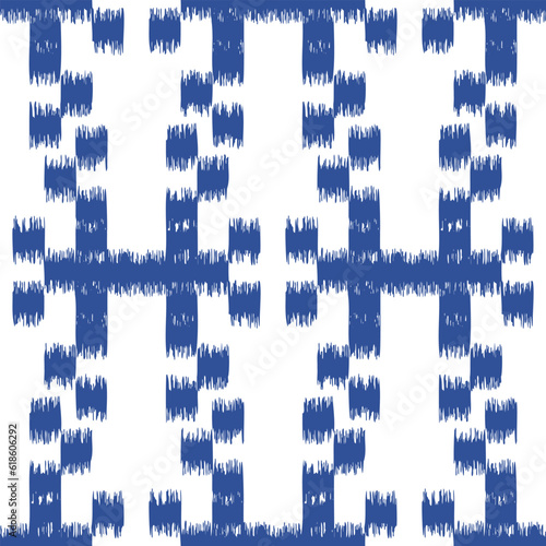 Seamless ikat pattern with blue elements on white background.
