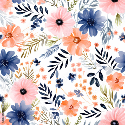 Colorful seamless floral pattern with abstract flowers, leaves. Watercolor print in rustic vintage style, textile or wallpapers in provence style isolated on white background.