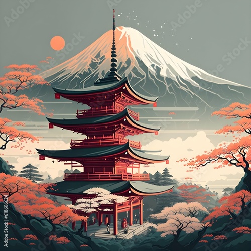 japanese temple fuji illustration wallpaper 