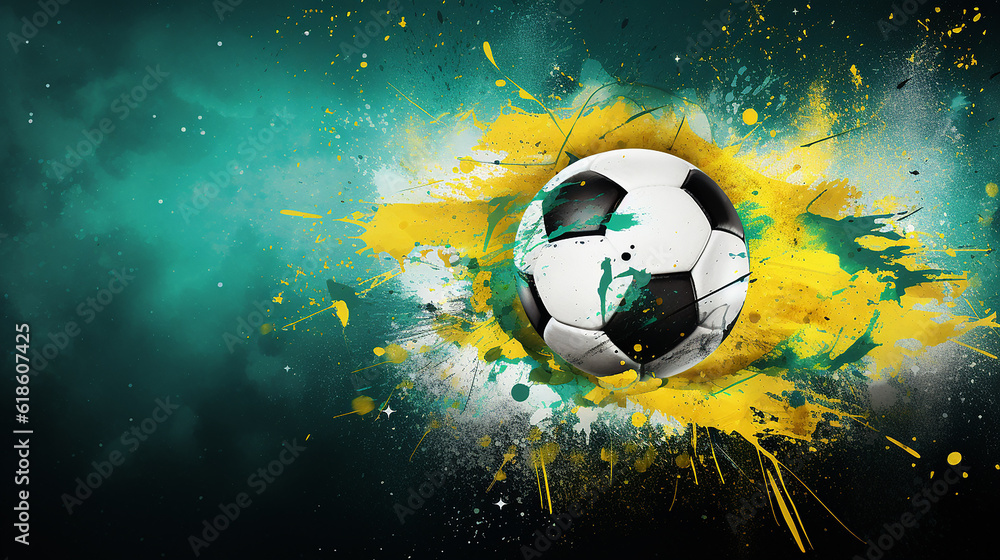 Fototapeta premium Fundo abstrato sobre um tema de futebol com bola grande e outros símbolos de futebol nas cores nacionais do Brasil