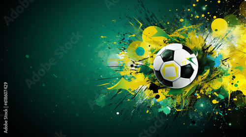 Fundo abstrato sobre um tema de futebol com bola grande e outros símbolos de futebol nas cores nacionais do Brasil