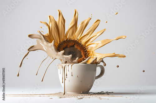 Splash cafe cup milk with flower isolated on white background