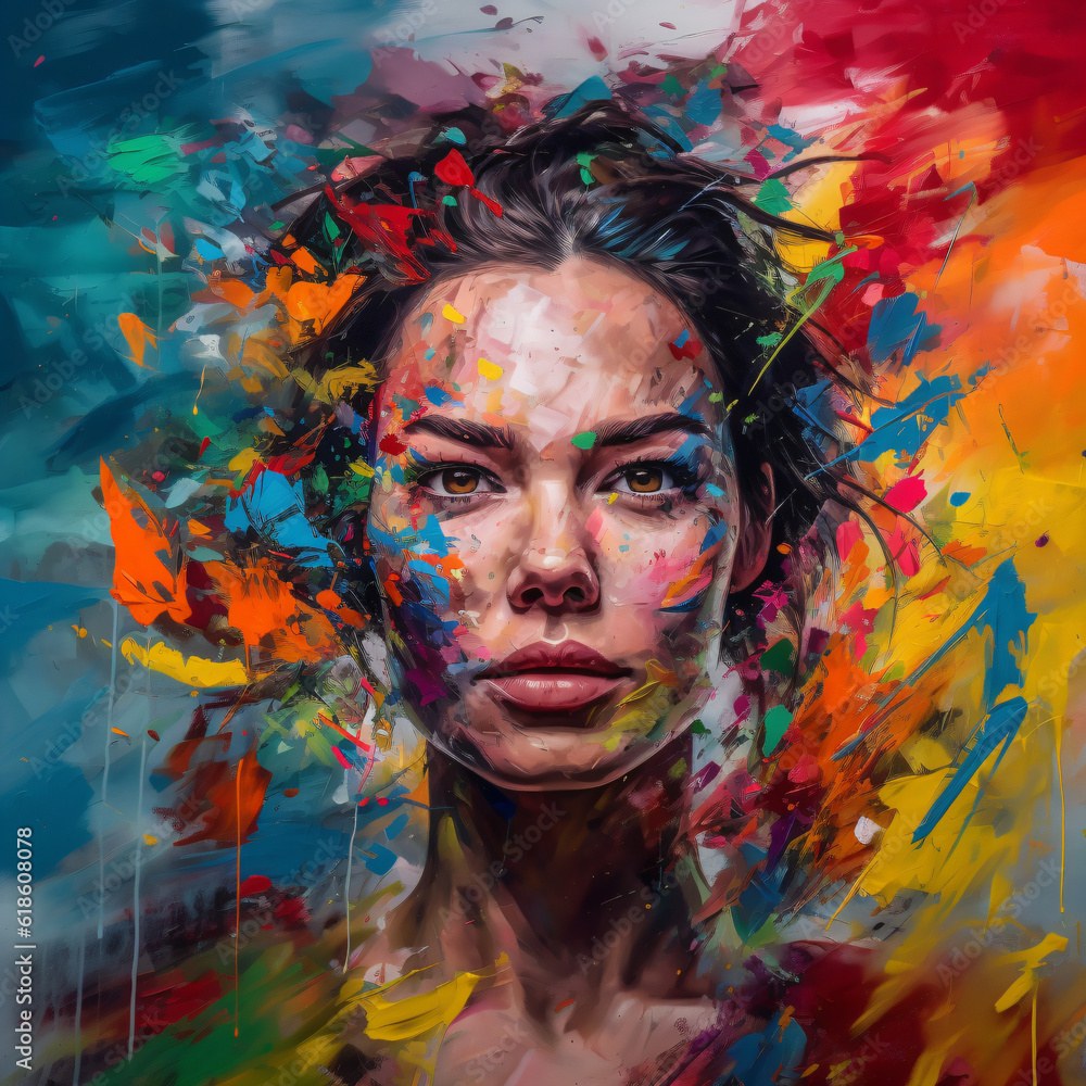 An oil painting of woman's face with colorful paint Generative Ai