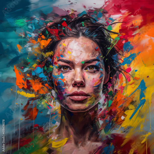 An oil painting of woman's face with colorful paint Generative Ai © Eduardo