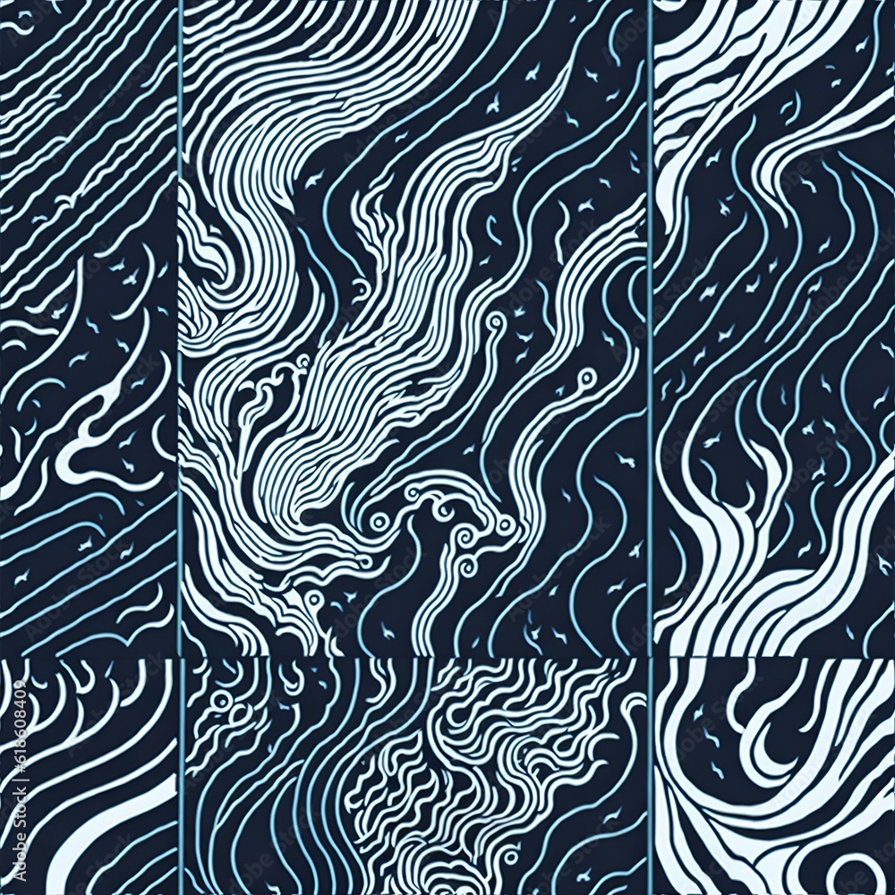 A set of three abstract designs in blue and white A set of three abstract designs in blue and white