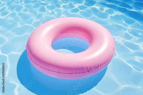 Solo pink inner tube floating in a clear blue swimming pool