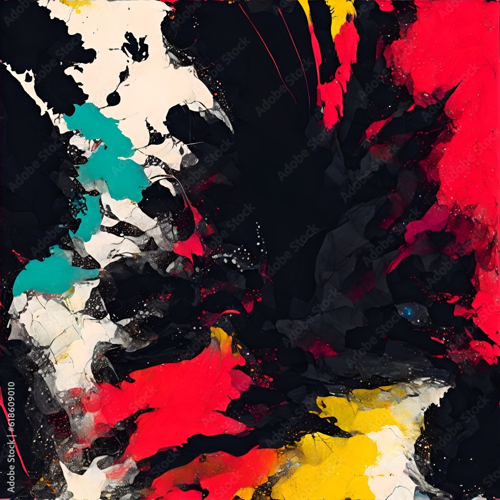 An abstract painting with black, yellow, red, and blue colors