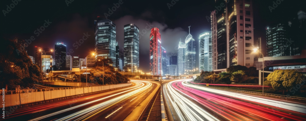Fototapeta premium Long exposure of a speedy night drive. generative ai