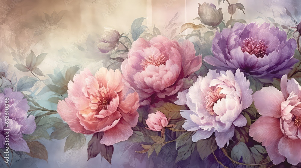 Beautiful peonies floral background in watercolor style,Watercolor flowers. Abstract bright colored decorative background.  interior design, country home, bedrooms, hall, bathroom, kitchen, books, mag