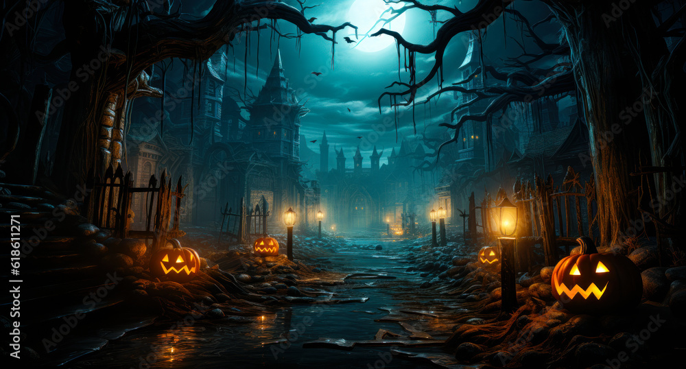 Dark Halloween Delight: A Haunting Scene of Pumpkins and Dark Trees