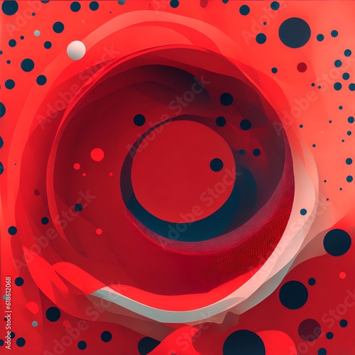 A red and black abstract painting with circles and dots