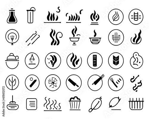 Cooking icon set. It included bake, heat, boil, frying, steam and more icons. Editable Stroke.