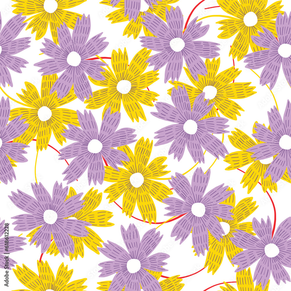 Bright floral seamless pattern with yellow and violet hand drawn aster flowers on white background. Doodle botanical texture for textile, wrapping paper, surface, wallpaper