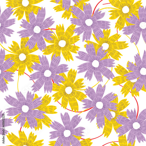 Bright floral seamless pattern with yellow and violet hand drawn aster flowers on white background. Doodle botanical texture for textile  wrapping paper  surface  wallpaper