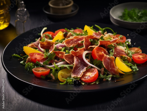 Plate of bresaola meat with fresh vegetables, tclose up. Ai generated