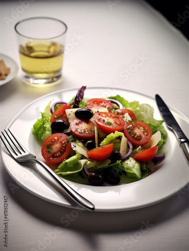 Fresh tomato salad on white plate on the table in a restaurant, ai generated