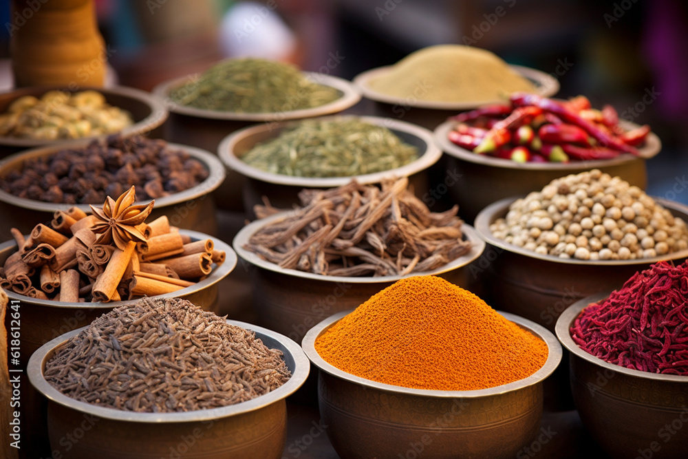 An elaborate display of Indian spices at a market, Indian culture, Indian Generative AI
