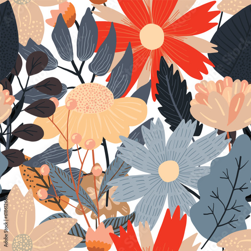 Cute bright floral seamless pattern with mess of hand drawn red, orange and gray flowers and leaves. Lovely floral background with blossoms and herbs for textile, wrapping paper, surface, wallpaper