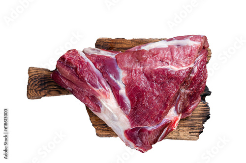 Raw lamb mutton thigh on butcher table. High quality Isolate, transparent background