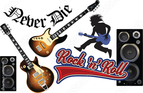 Rock 'n' roll - banner, logo, emblem, label or design element. Creative lettering with an electric guitar.