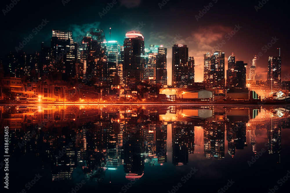 Night city on the seashore. Generative AI