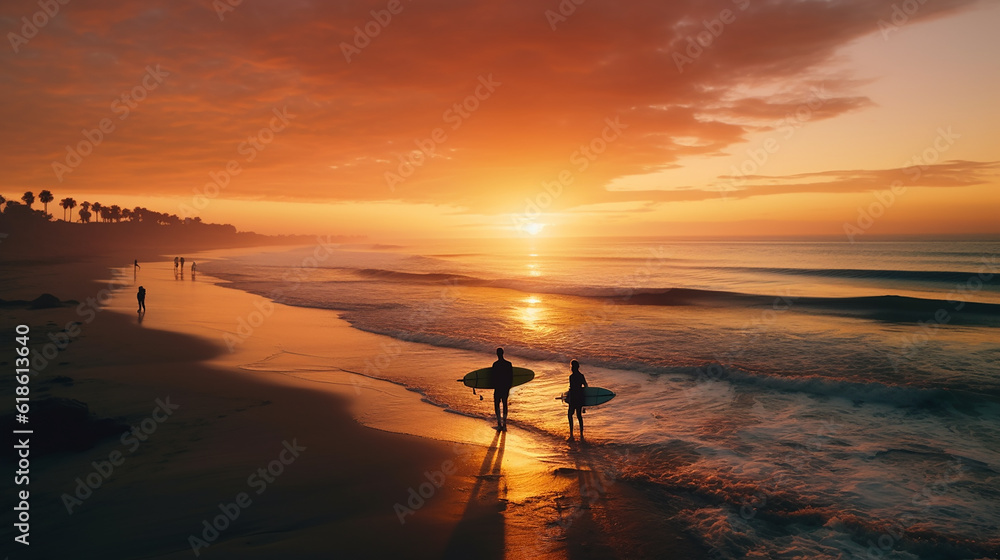 silhueta AÉREA: Surfistas alegres admiram ondas grandes enquanto caminham na costa arenosa ao pôr do sol