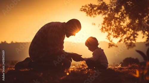 Fotografia pai e filho juntos fazendo oração em lindo por do sol, amor e fé cristã