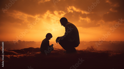 pai e filho juntos fazendo ora    o em lindo por do sol  amor e f   crist  