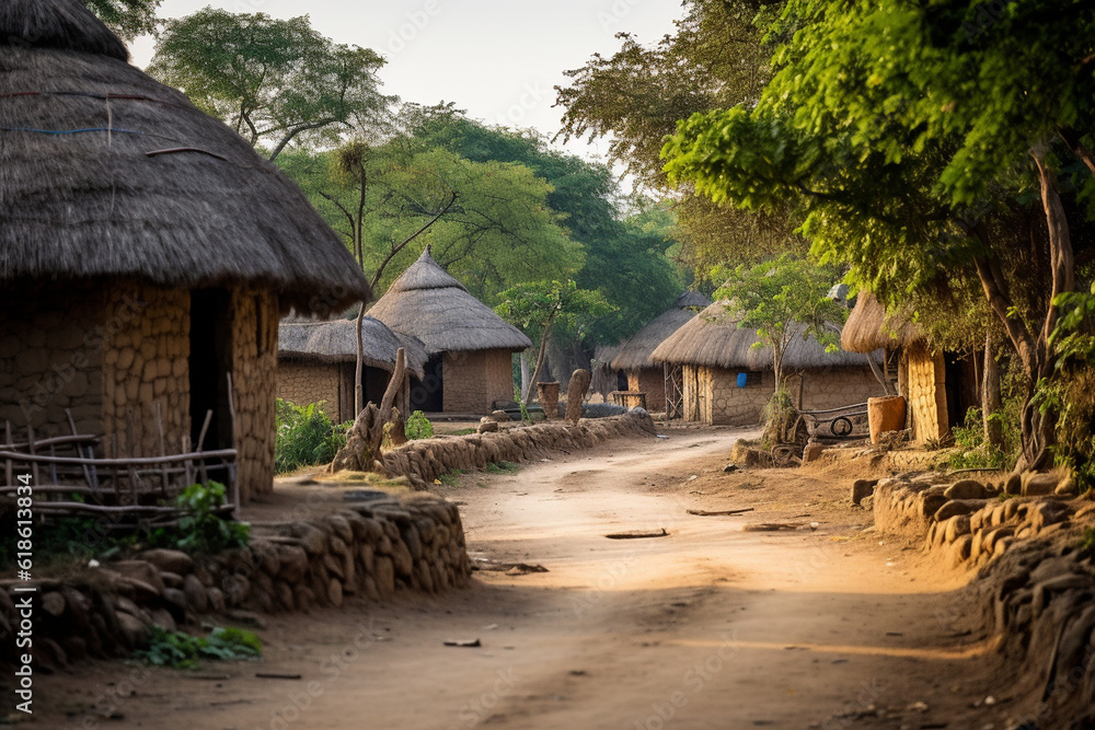 A traditional Indian village with thatched roof houses, Indian culture, Indian Generative AI A traditional Indian village with thatched roof houses, Indian culture, Indian Generative AI