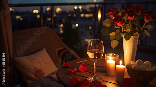 
Vaso com rosas, copos de vinho, salgadinhos e velas na mesa de vime na varanda à noite photo