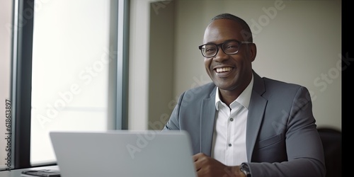 Smiling happy middle-aged BIPOC businessman executive CEO in a business suit using a computer to work with a client in an office setting -room for copy text, generative AI 