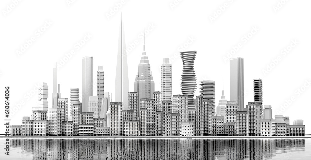 Beautiful cityscape with periodic buildings and modern skyscrapers at the background with reflection in the water. 3D rendering illustration