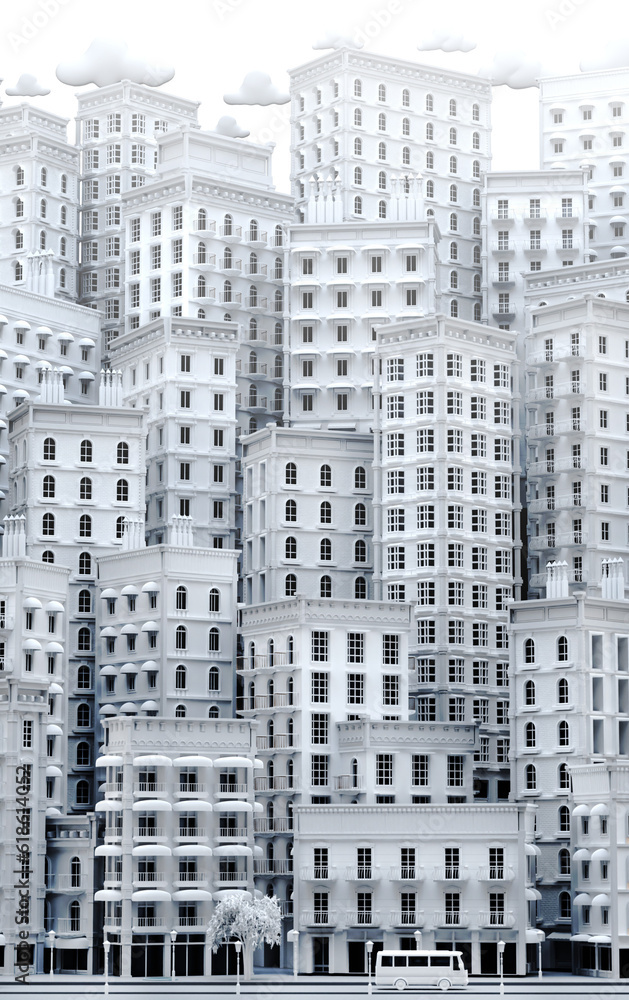 Beautiful cityscape with periodic buildings. 3D rendering illustration