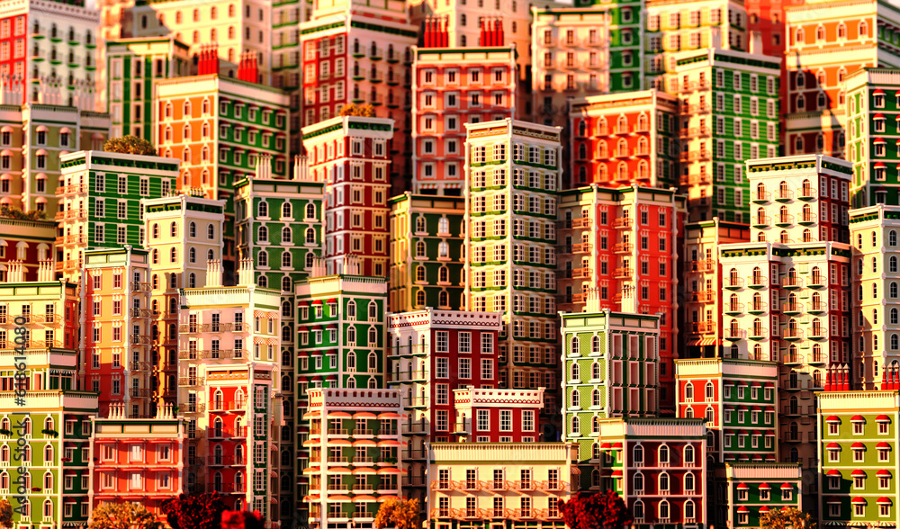Obraz premium Beautiful cityscape with periodic buildings at sunset. Lots of colourful houses and tall buildings 3D rendering illustration