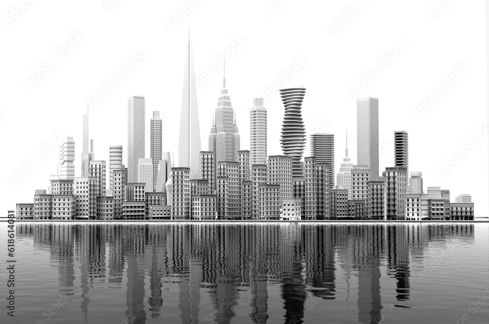 Beautiful cityscape with periodic buildings and modern skyscrapers at the background with reflection in the water. 3D rendering illustration