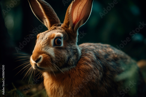Gray hare in the forest. Generative AI © ARAMYAN