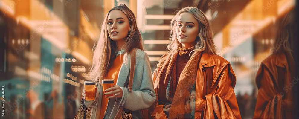Two young beautiful woman in the shopping centre. generative ai