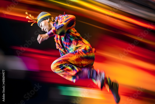 Artistic motion blur shot of a performer leaping on stage during a theater production, conveying the energy and theatricality of the performance. Generative AI photo