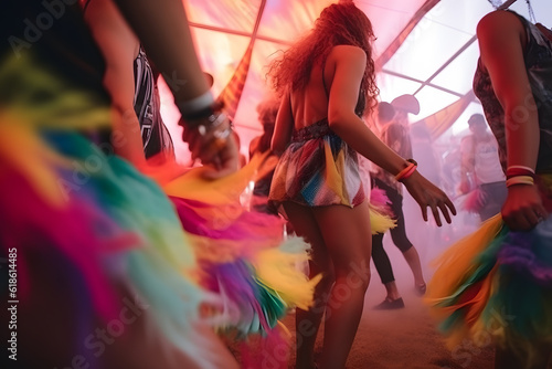 Artistic motion blur shot of a group of friends dancing energetically at a music festival, capturing the vibrant atmosphere and rhythm of the moment. Generative AI © Mihai Zaharia